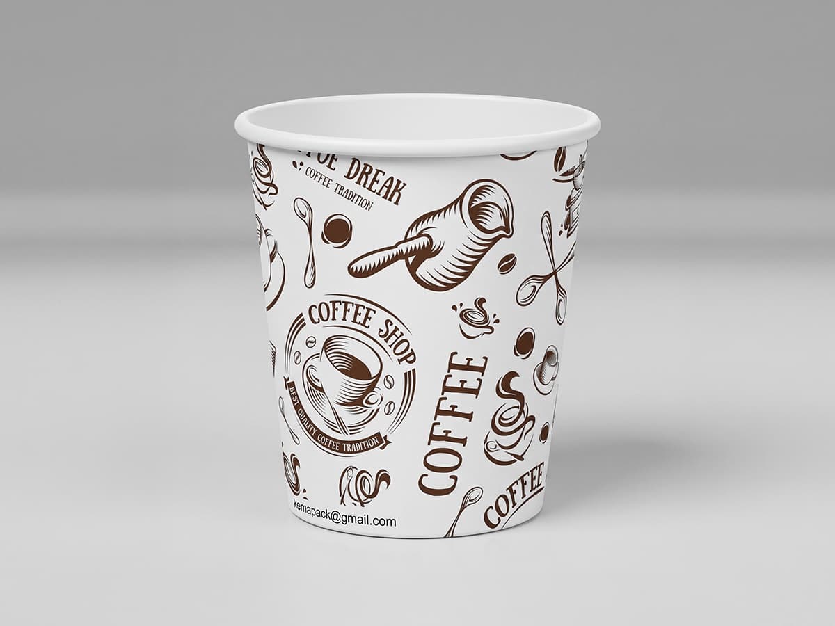 Papierbecher 4 oz, bedruckt mit Kaffeemotiven