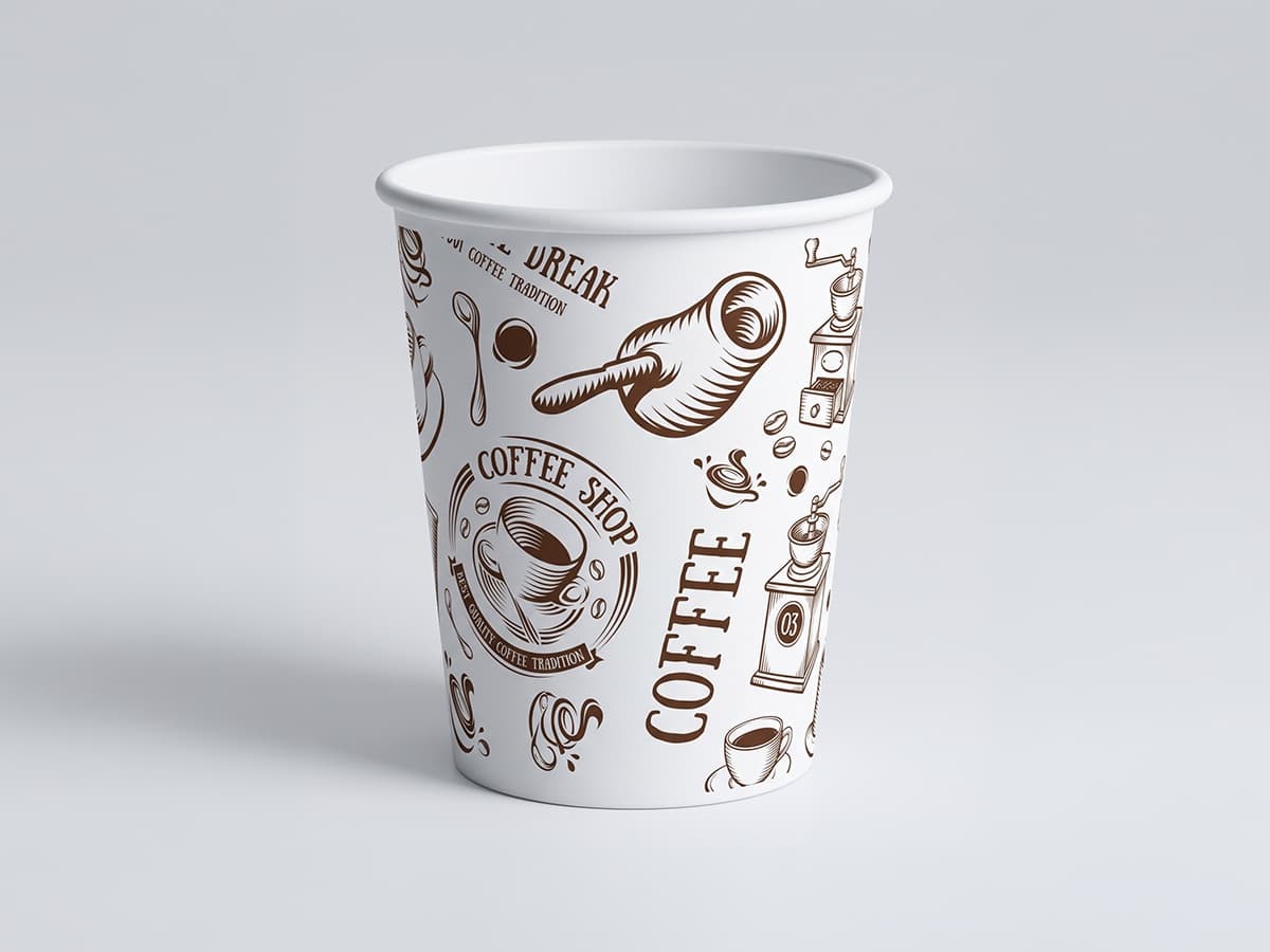 Papierbecher 7 oz, bedruckt mit Kaffeemotiven