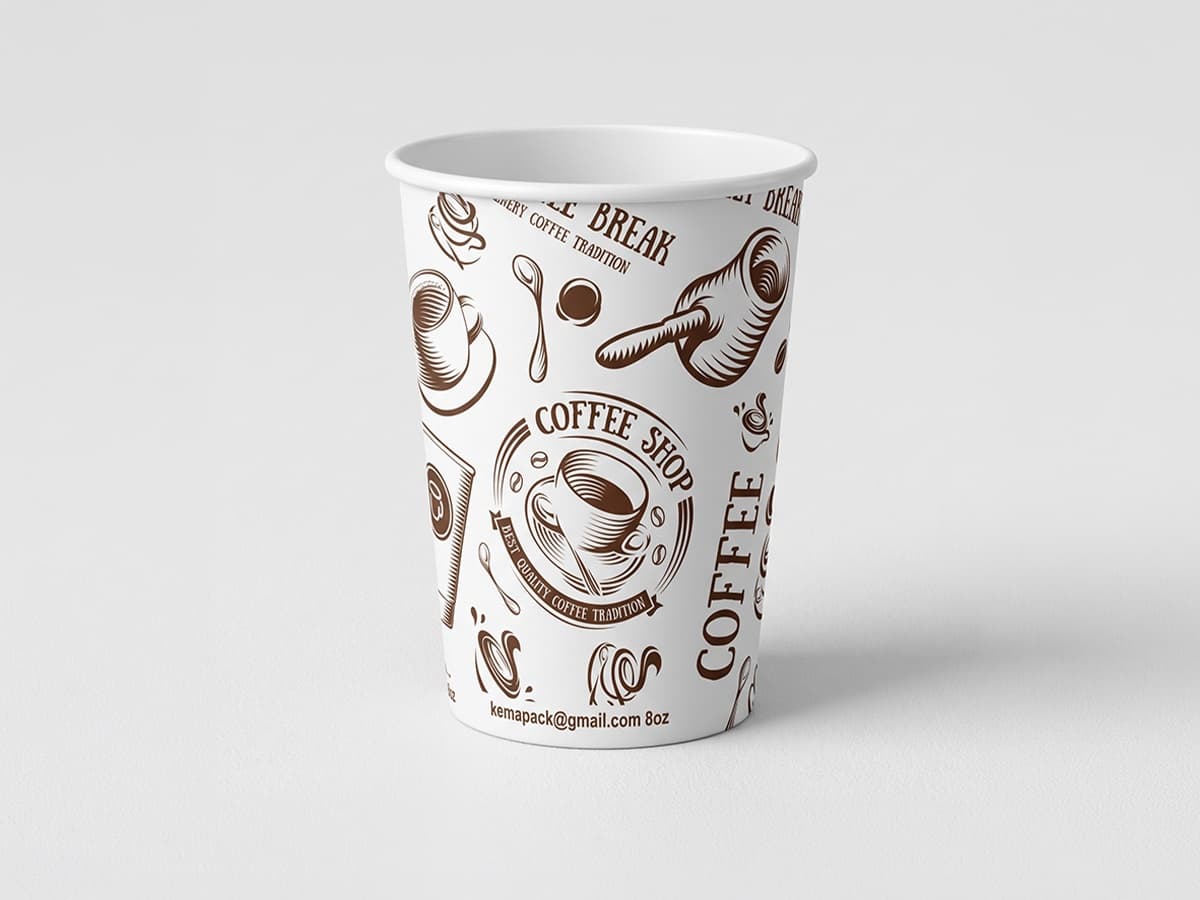 Papierbecher 8 oz, bedruckt mit Kaffeemotiven