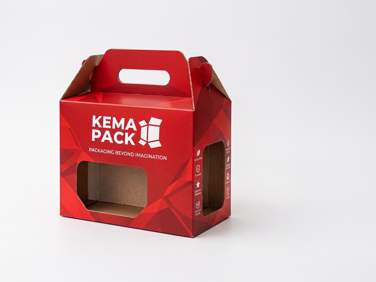Kuti e kuqe e personalizuar me logon e Kema Pack, me dorezë dhe dritare
