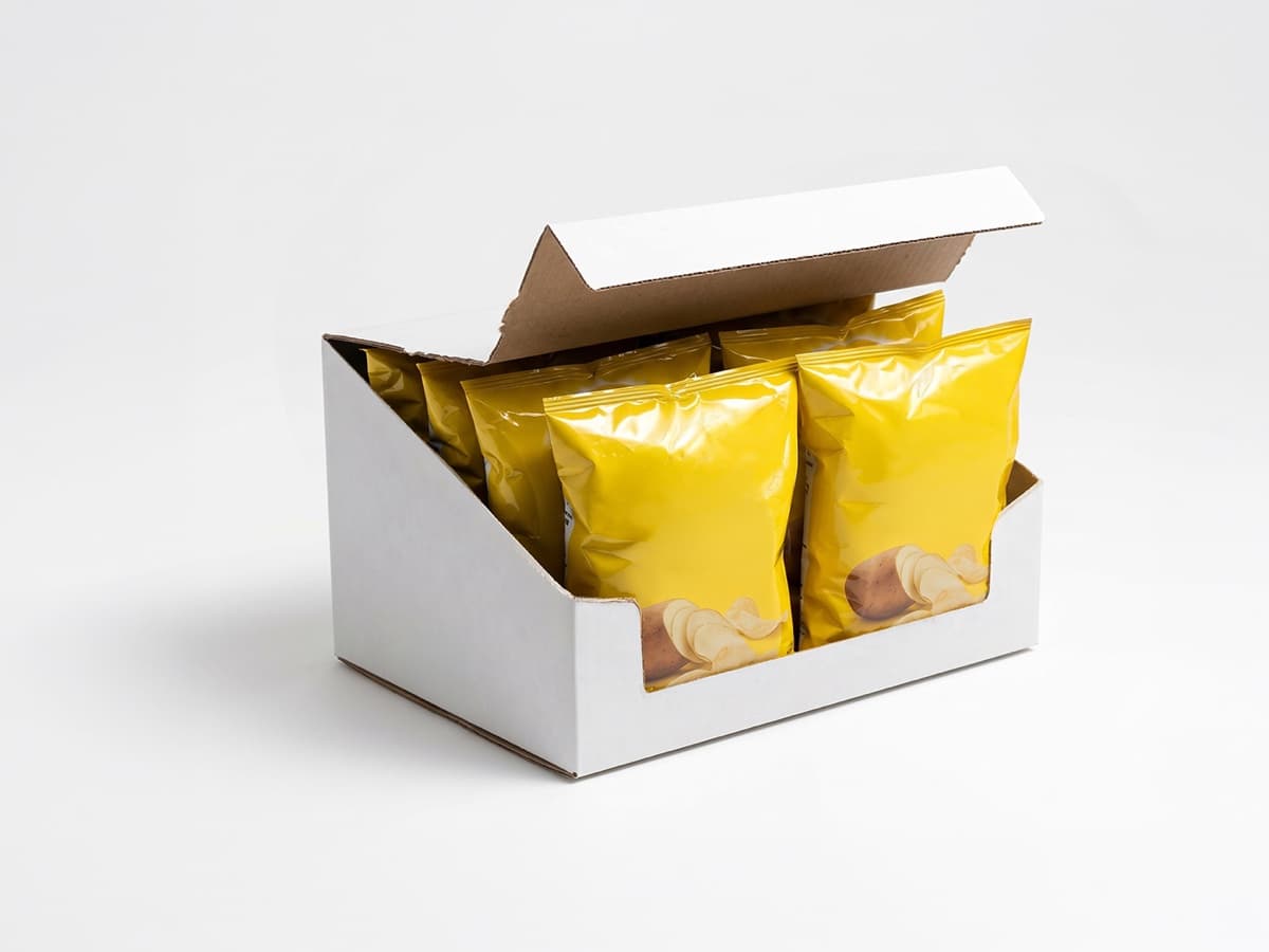 Display holder, open, with packaged food